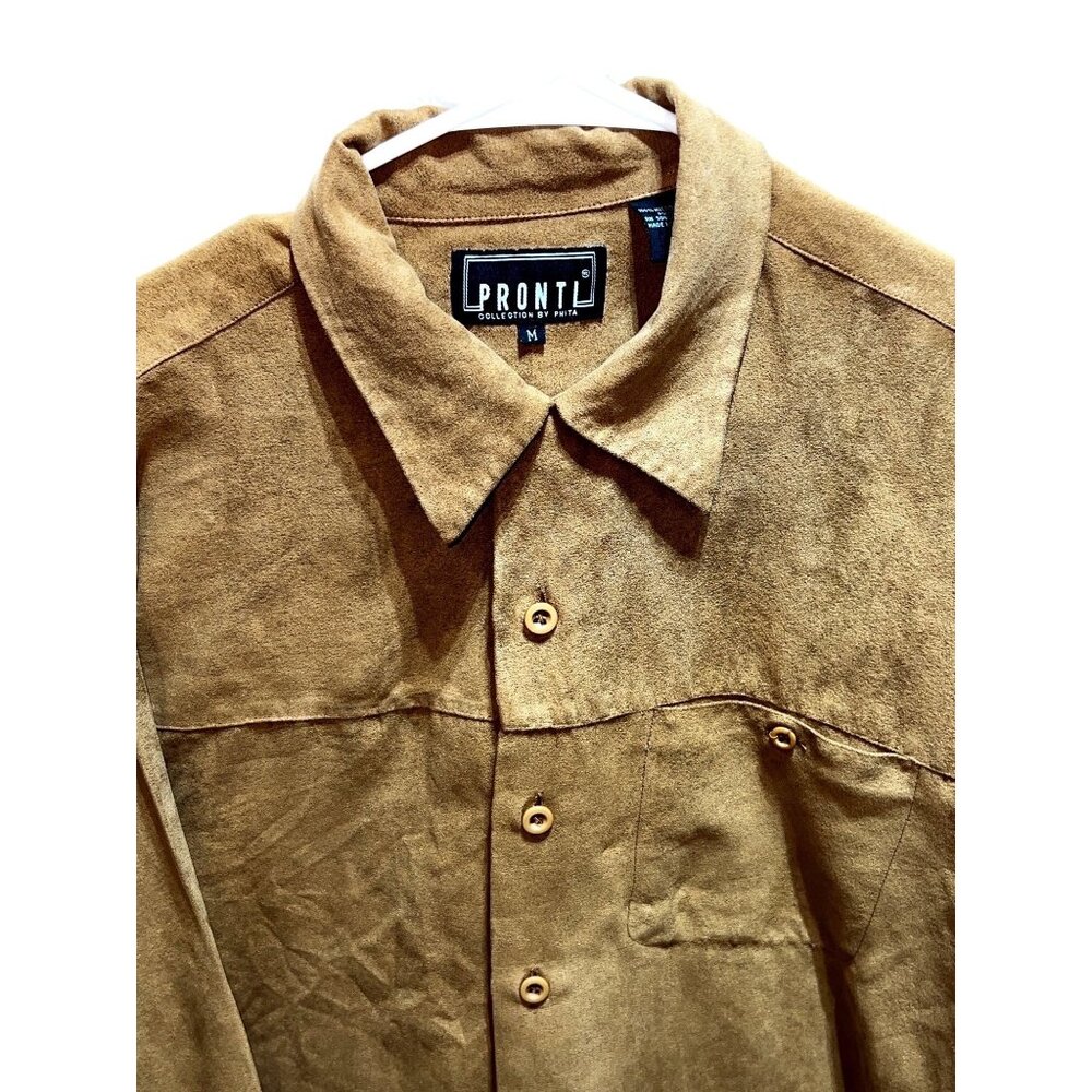 Pronti By Phita Men’s 100% Micro Suede Button-Up Shirt Medium Brown Long Sleeve - Picture 3 of 7